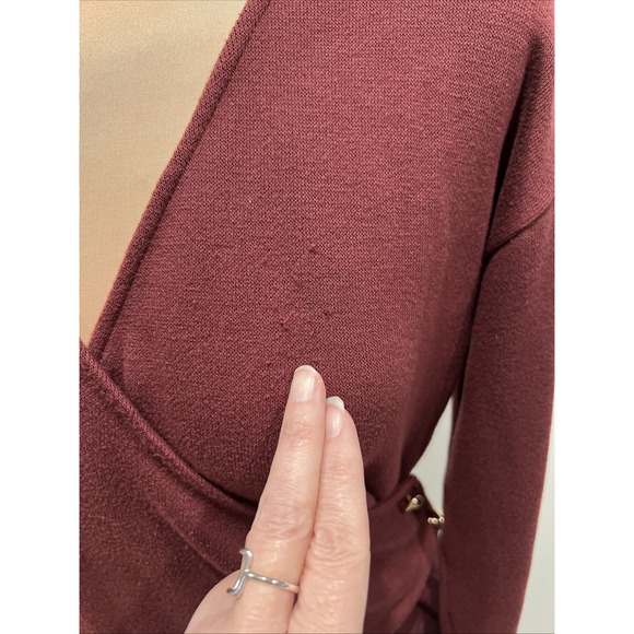 Zara Womens Wrap Dress Large Burgundy Midi V-Neck Long Sleeve Knit - Picture 4 of 12